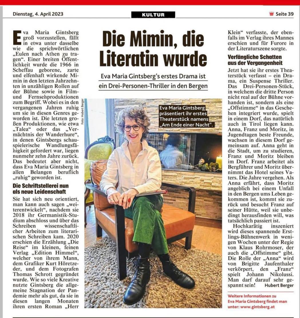 Beitrag in der Kronen Zeitung über Eva Maria Gintsberg