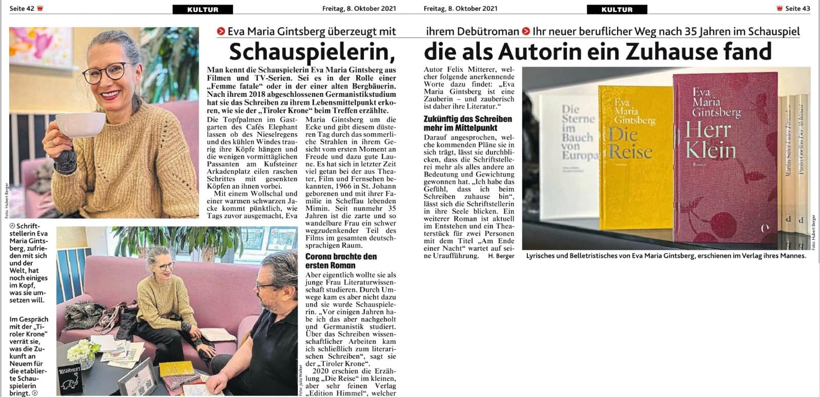 Interview mit Eva Maria Gintsberg in der Kronen Zeitung, geführt von von H. Berger