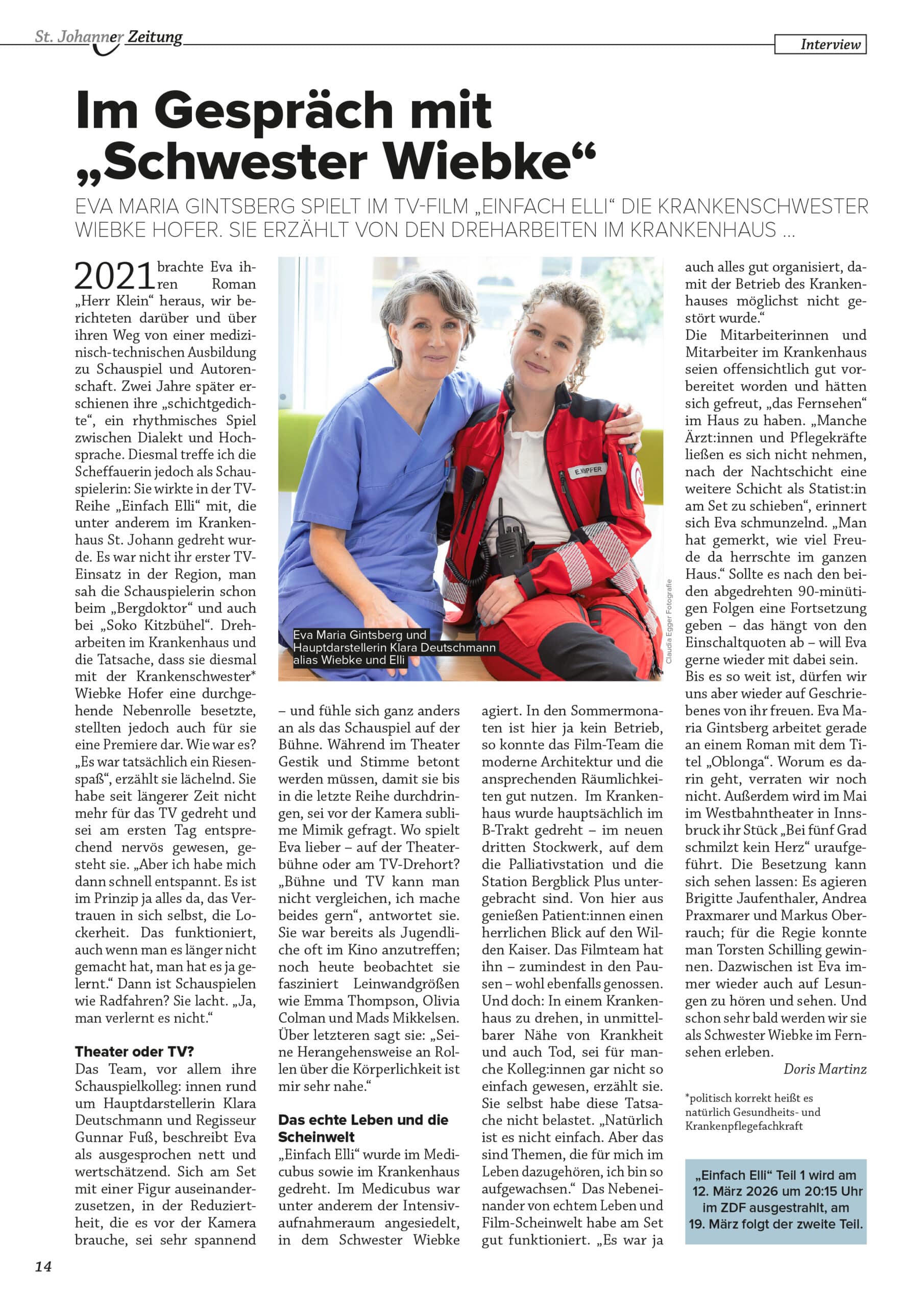 Bild des Beitrags in der St. Johannes Zeitung vom 19.2.2026 zu Eva Maria Gintsbergs beim Seriendreh (Eichfach Elli).